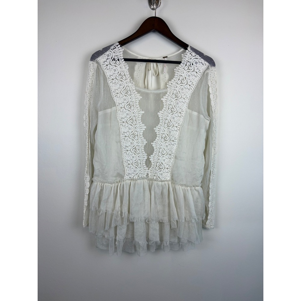 Free People Midnight Memories Top Blouse Large Ivory Boho Lace Mesh Ethereal Top